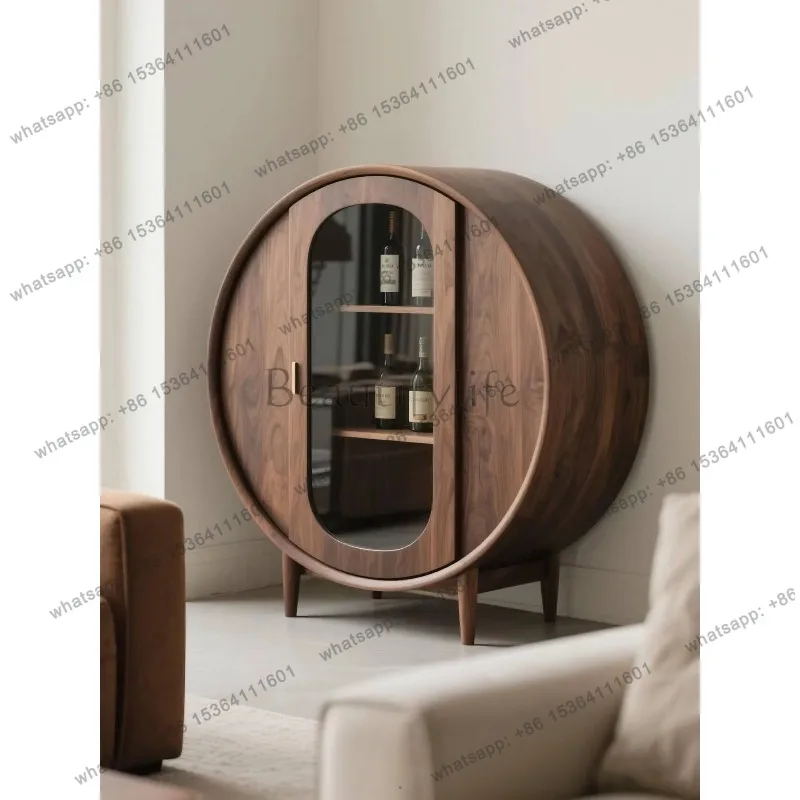 YJ  High-end North American Black Walnut Glass Wine Cabinet Minimalist Solid Wood Display Living Room Storage Decorative Cabin