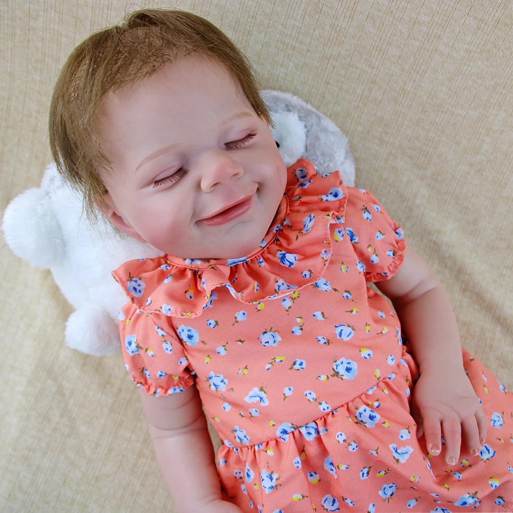 18-calowa winylowa lalka Reborn, edycja kolekcjonerska, uroczy pomarańczowy strój na co dzień, słodkie uśmiechnięte twarzyczko śpiące, ruchome stawy.