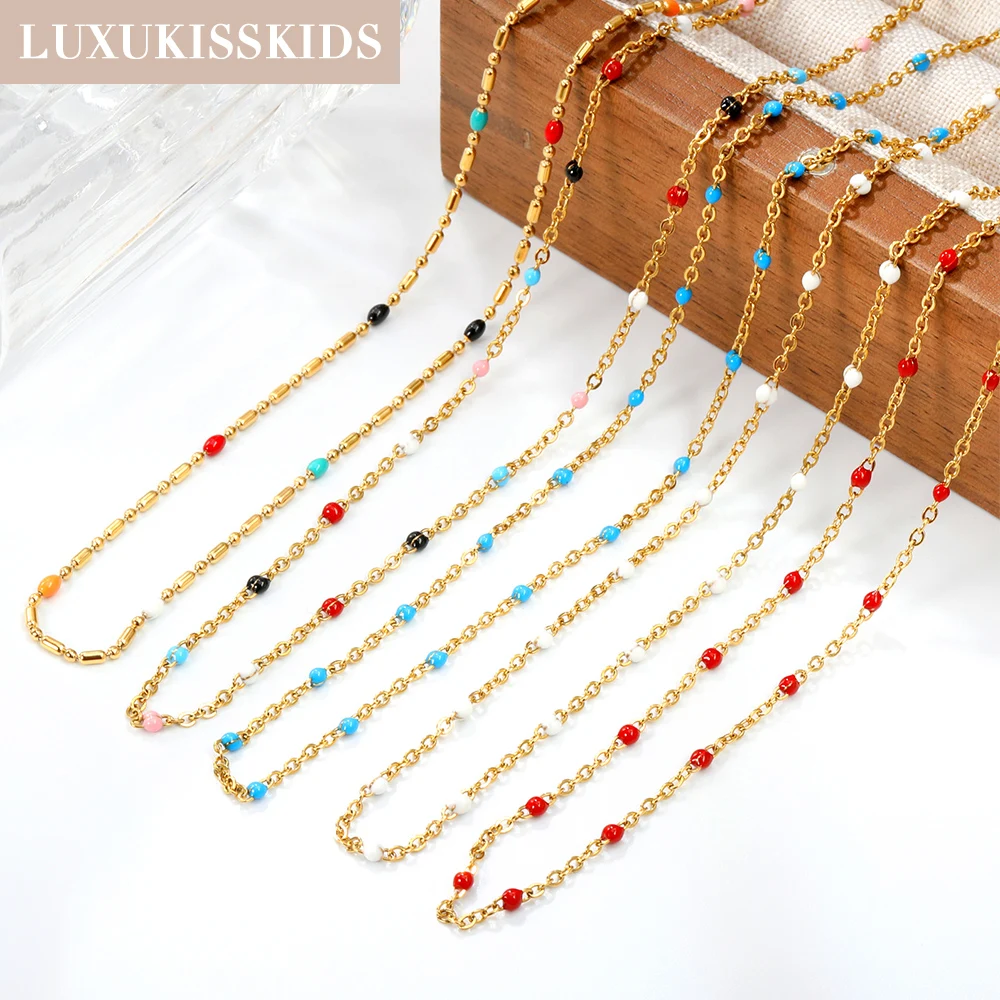 LUXUKISSKIDS Sweet Multicolor Drip-Oil Beads Necklace Women's Bohemia Stylish Clavicle Choker Simple Chain Collier Steel Jewelry