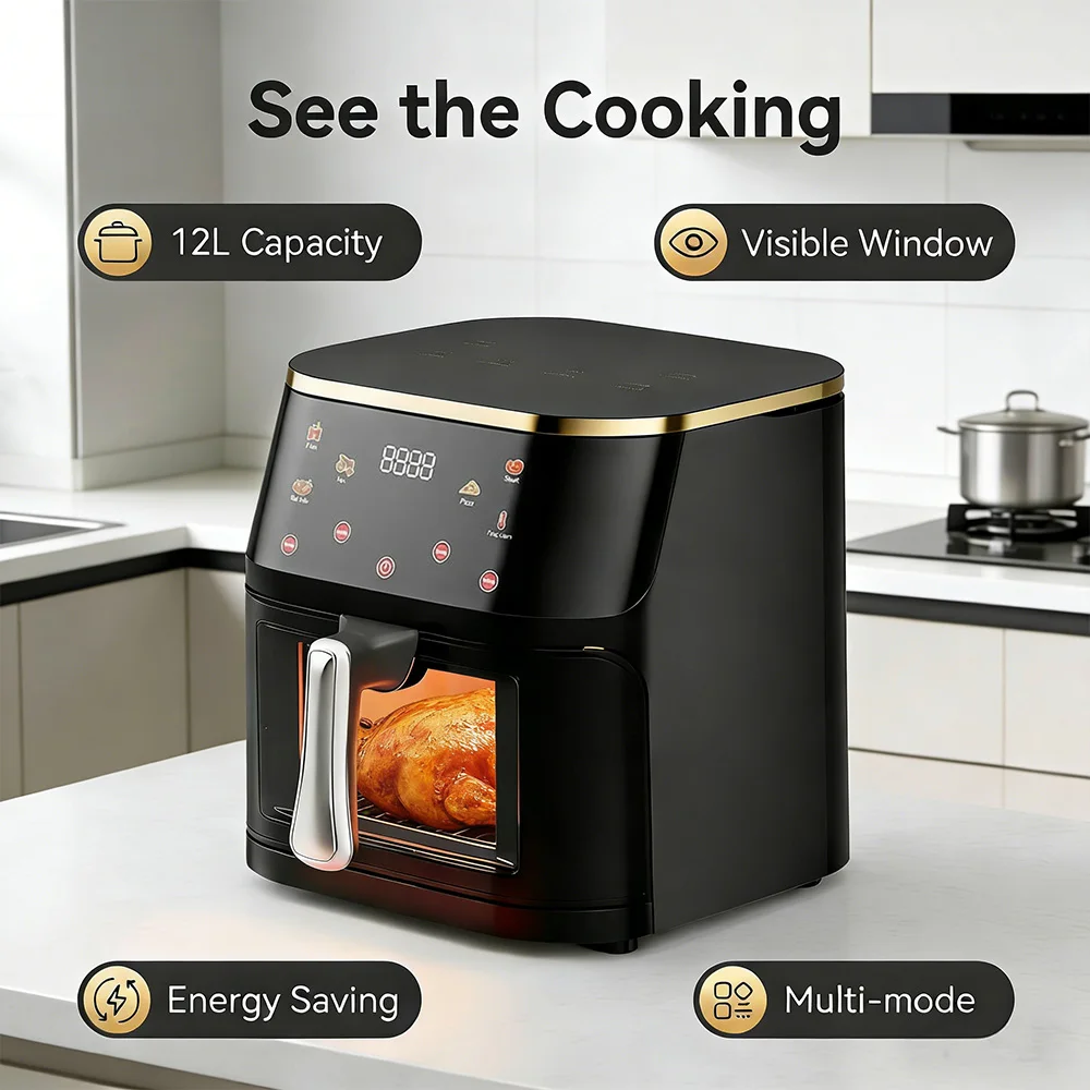 12L Digitale Heißluftfritteuse - Große Kapazität, 1400W, Gesundes Kochen, 180-210 ° C, 60-Minuten-Timer, quadratisches Design – für den Familiengebrauch (PP + Edelstahl) – Detail 4