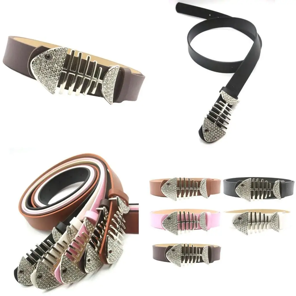 

39BB Rhinestones Studded Buckle Belt for Pants Jeans Fishbones Buckle Belt Women Men Wasitband Formal and Casual Waist Ornament