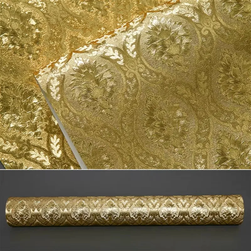 Rollo de papel dorado para pared, cilindro de lujo pintado en relieve, lámina de oro brillante, de Damasco, ideal para dormitorio y sala de estar