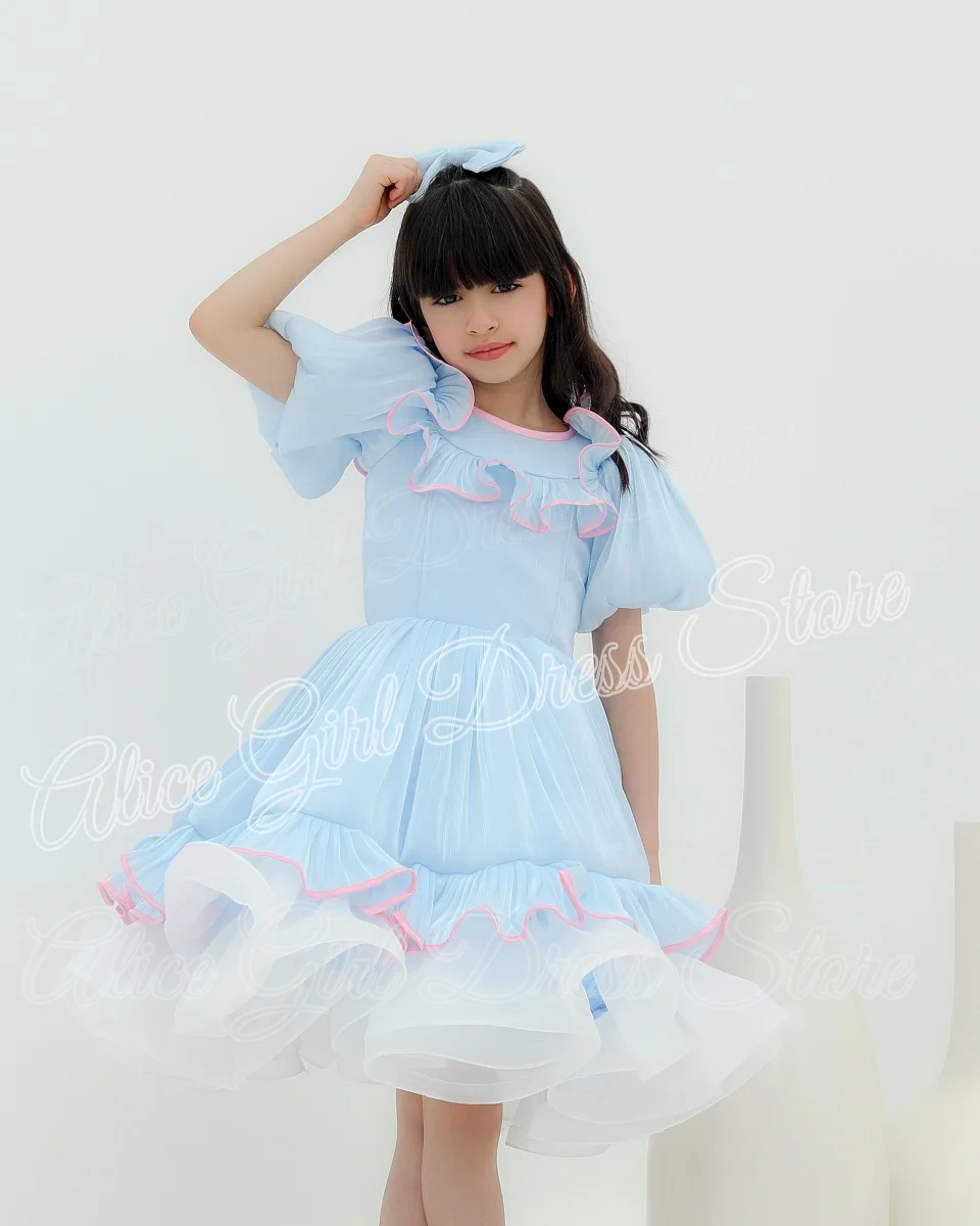 Customized Blue Tulle Flower Girl Dress for Wedding Short Sleeves Knee Length Girl Birthday Gowns Lovely First Communion Gown