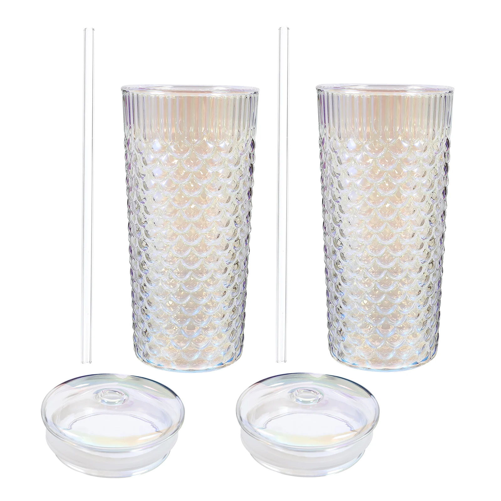 

2Pcs Fish Scale Glass Drinking Cups Reusable Iced Coffee Juice Water Cups Party Camping Straw Lid Glasses with Lid and Straw