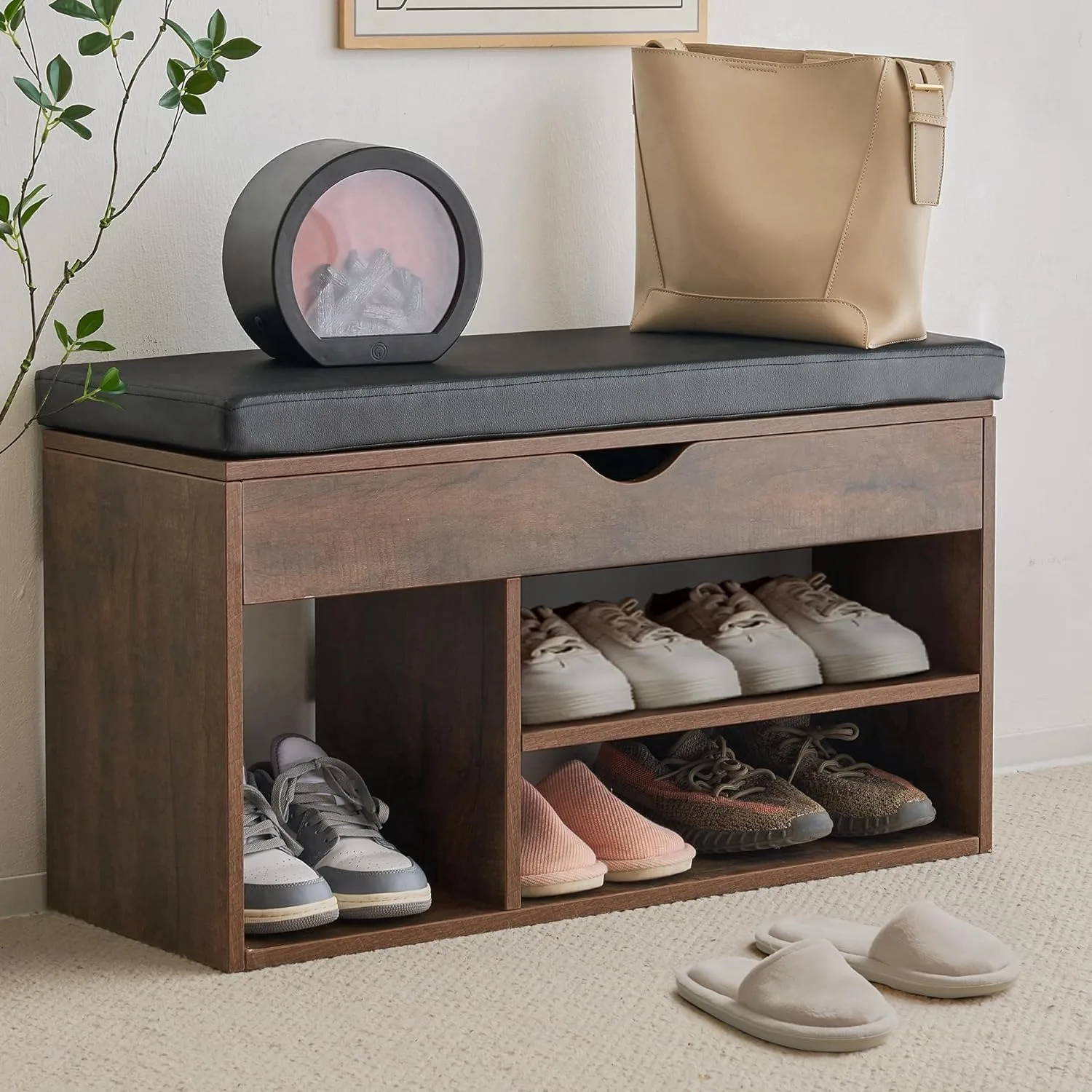 Apicizon Storage Bench, Shoe Bench with Flip Top Storage Space and Padded Cushion, Wooden Bench with Storage for Entryway