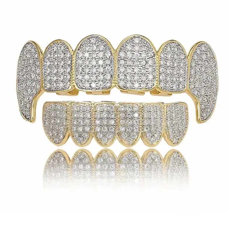 Hiphop Bling Zircon Teeth Grillz Men Women Plated Real Gold Body Jewelry Top Bottom Tooth Grills Cap Mold Kit Set Canine Shape