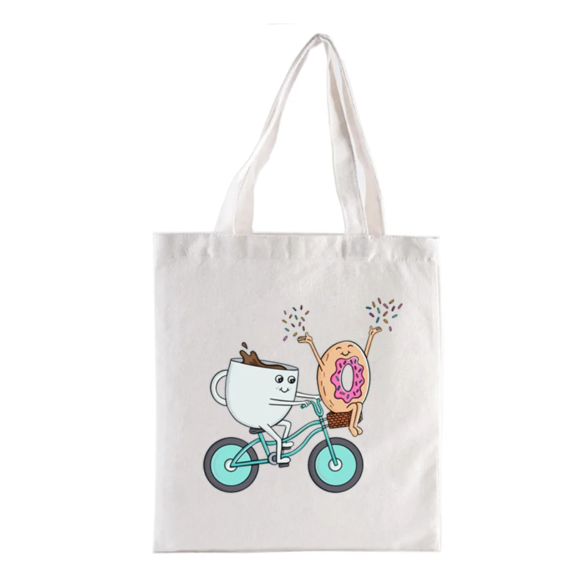 Coffee Donut and Bike Graphic Printing Shopping Bag Funny Tote Bags Women's Handbags Casual Totes Shopper Totebag Fashion Eco