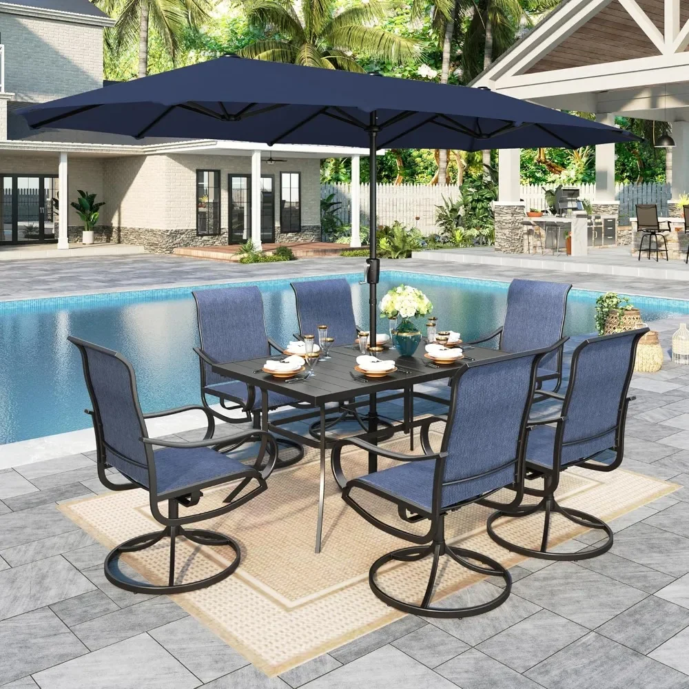 Patio Set with Umbrella 8 Pieces Outdoor Dining Set for 6 with 13ft Large Patio Umbrella Navy, 6 x Blue Swivel Patio