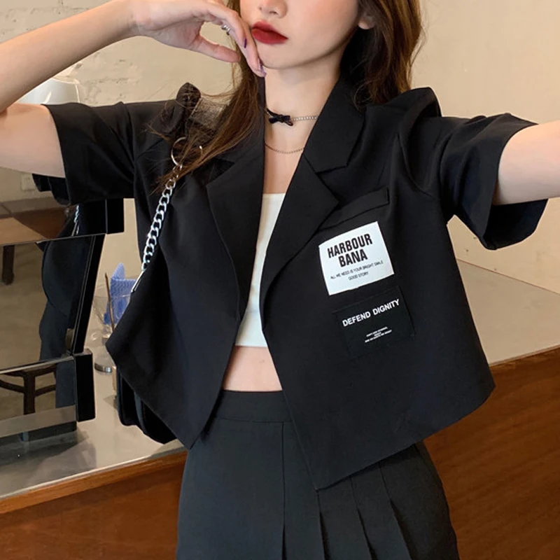 2024 Summer Women Trendy Appliques Design Sweet Kawaii manica corta Thin Cropped Blazer Casual Street Y2K Solid Chic Suit Jacket