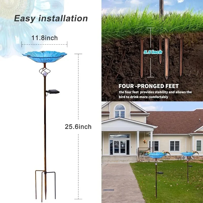 Solar Glass Blue Bird Bath, Yard Art，Garden Outdoor Birdbath with Metal Stake with White LED Light Metal Stake Garden