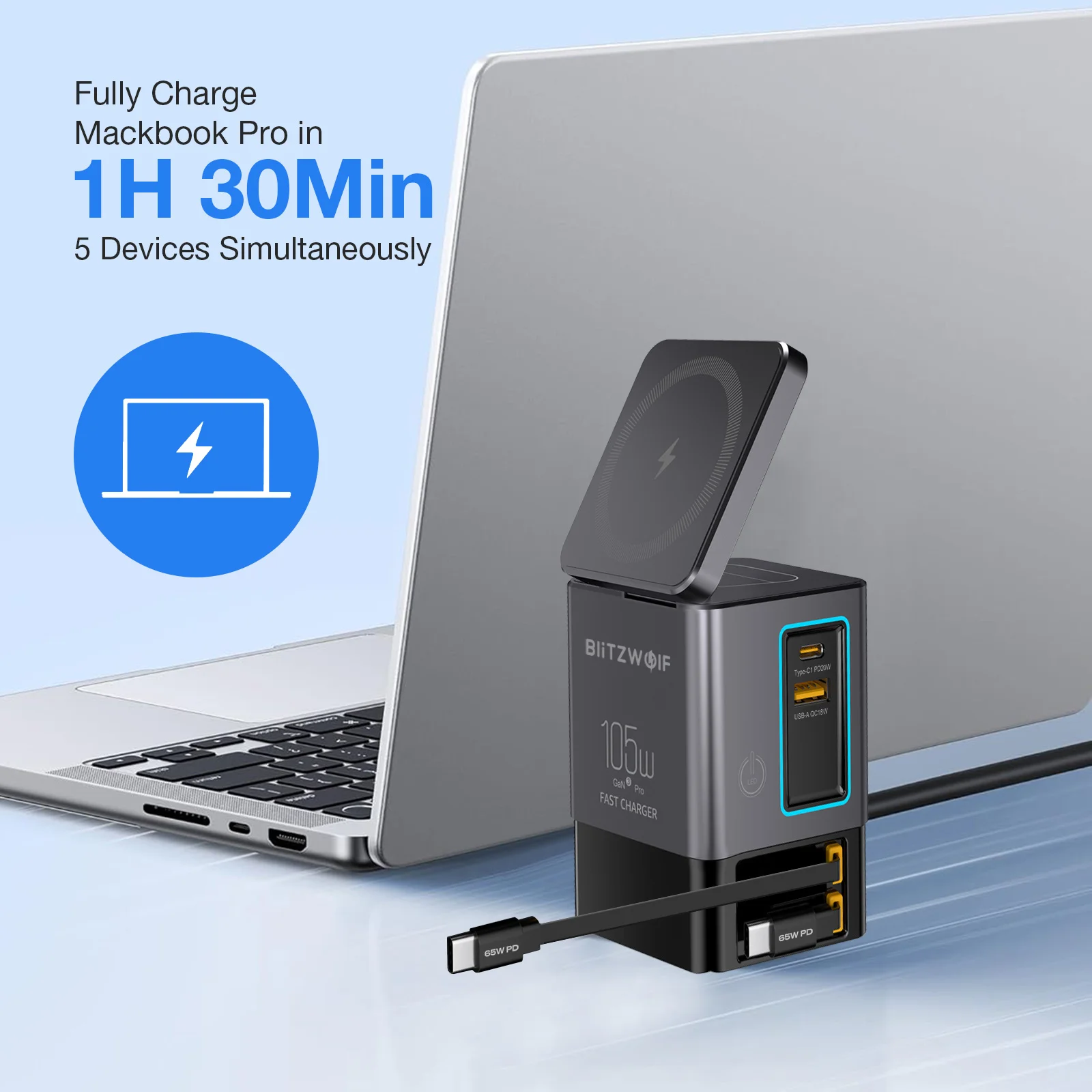 [GaN Tech] محطة شاحن سطح المكتب Blitzwolf i116 Max 105W 6 في 1 مع تلسكوبي مزدوج مدمج من النوع C+USB-A/C