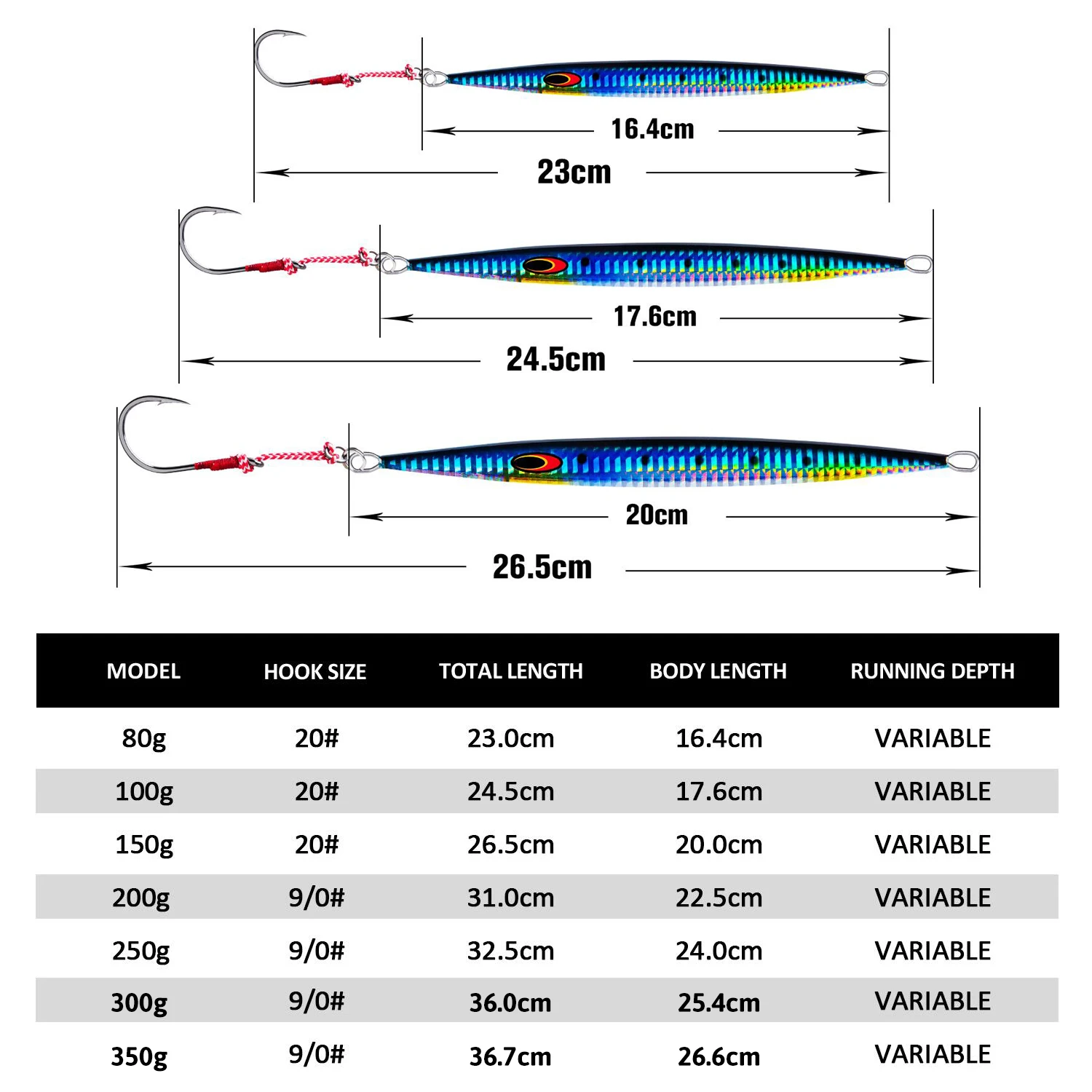 GOTURE-ジギングとスプーンフィッシング用の3つのスピードベイト,3つの異なる色のルアー,ピース/ロット,100g,150g,200g,250g,300g,350g