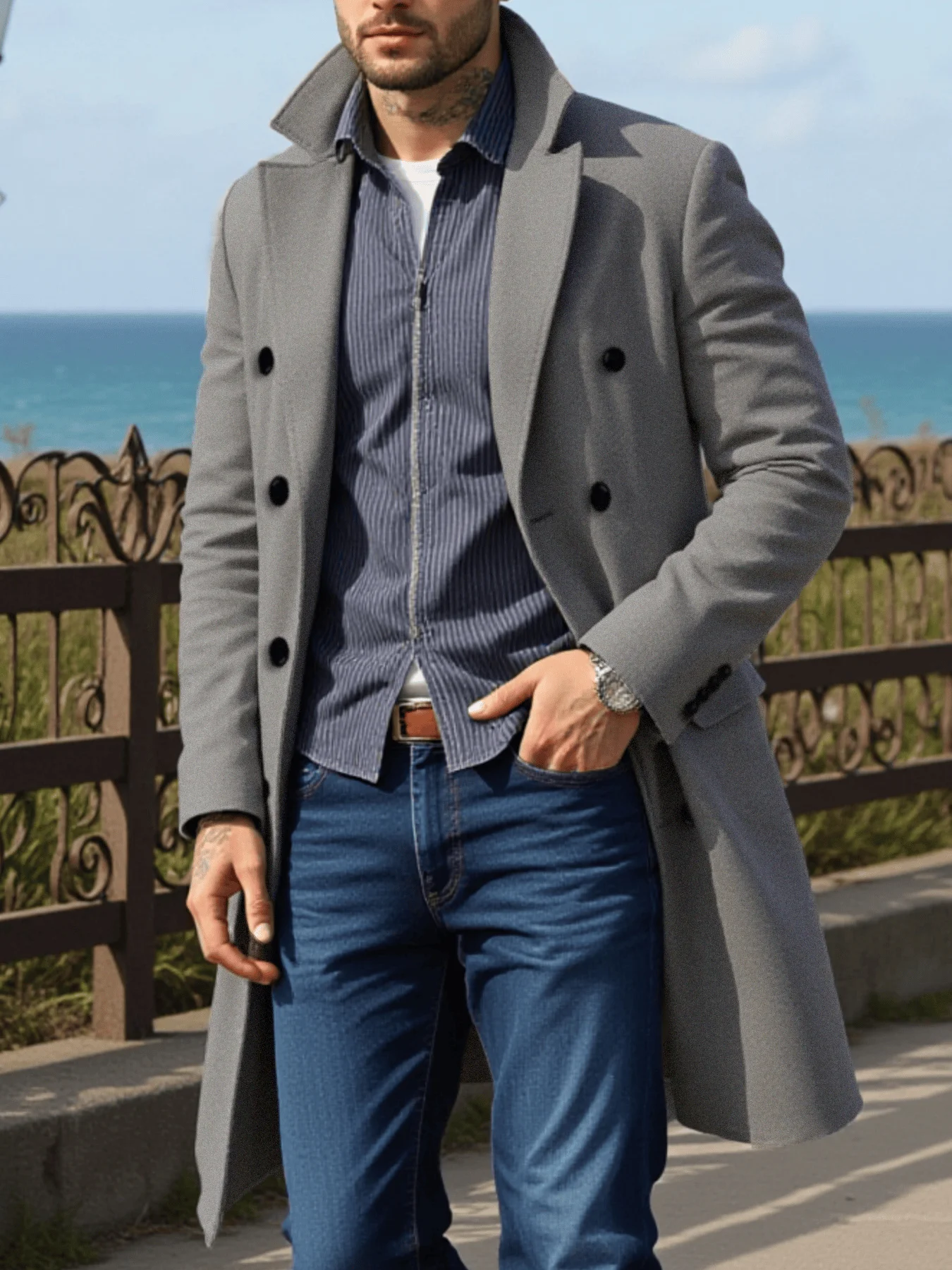 معطف رجالي ملابس الشارع معاطف صوفية مزدوجة الصدر بتصميم ريترو سترة سميكة من التويد مع ياقة واقفة دافئة ملابس رجالية