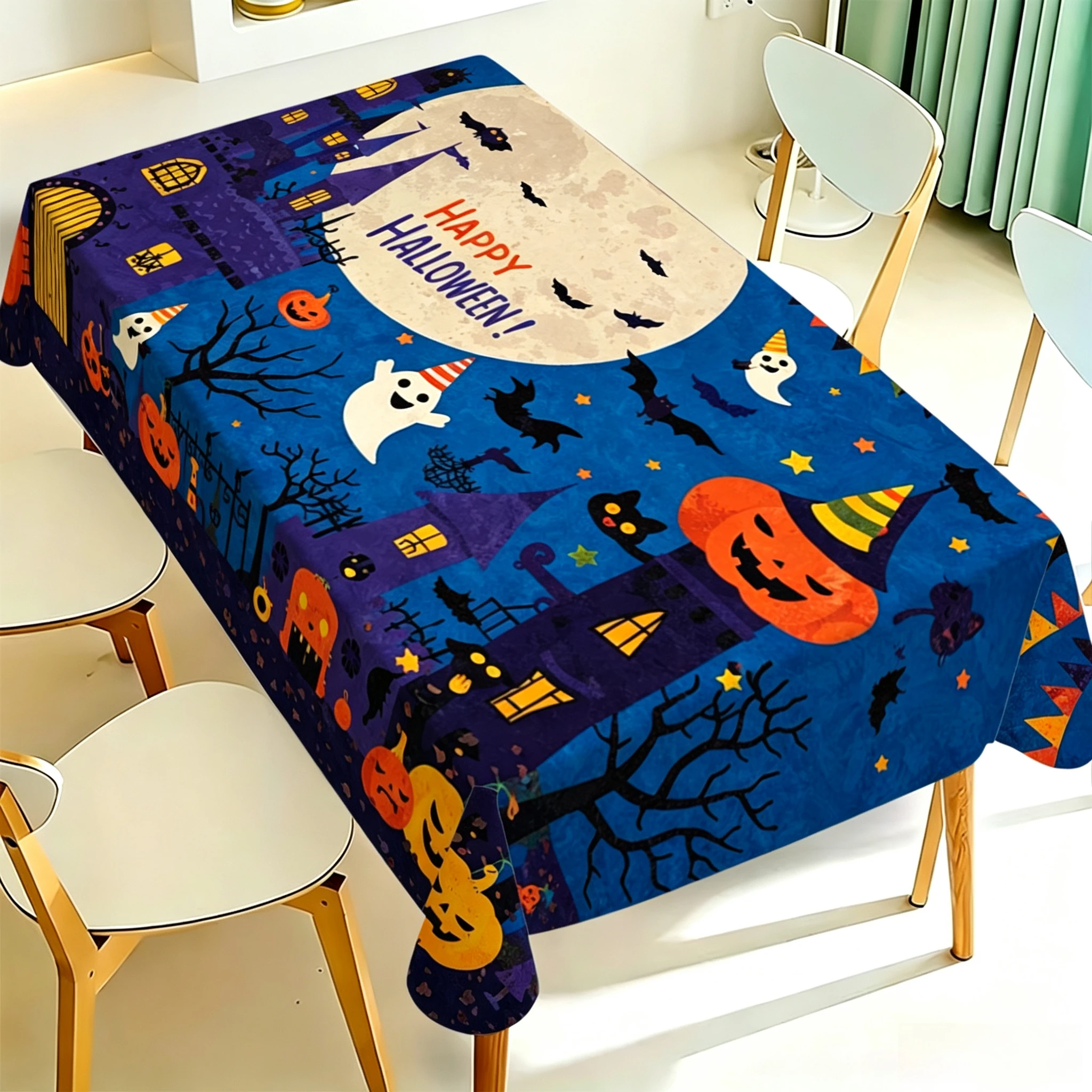 Halloween Rectangle Table Cloth Haunted Castle Ghost Pumpkin Bat Moon Table Cover Spooky Halloween Indoor Family Dining Decor