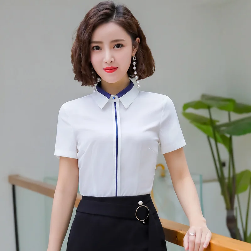 

IZICFLY New Summer Style Formal Gray Women Top Blouses Elegant Fashion Interview OL Slim Shirt Office Ladies Work Wear