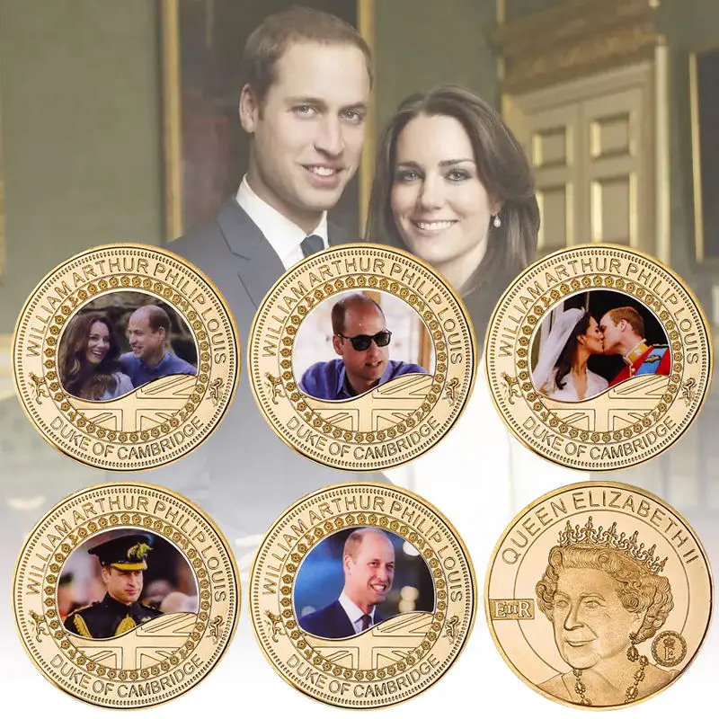 Moeda comemorativa banhada a ouro com porta-moedas, família real britânica, rainha Elizabeth II, lembranças britânicas, príncipe William e Mary, Reino Unido