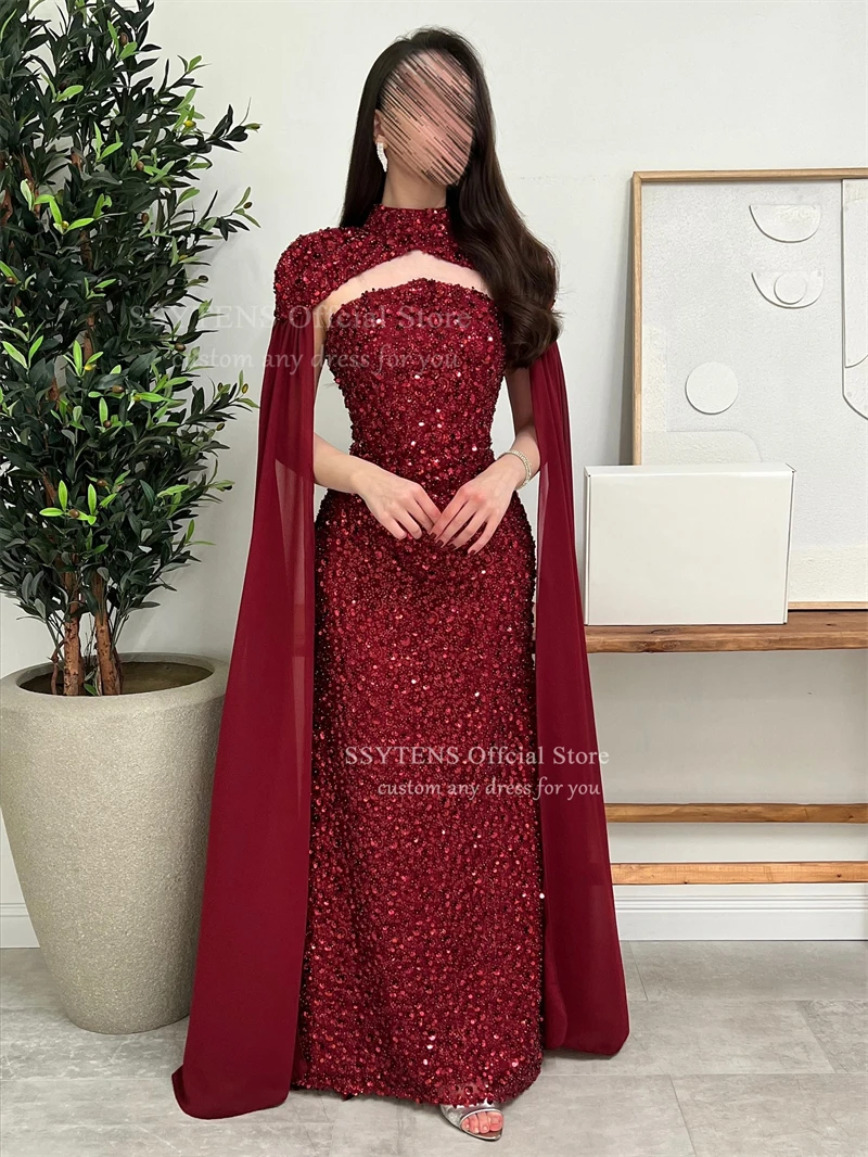 SSYTENS Elegant Red Formal Dress Shiny Sequined Wedding Evening Gowns Cape Sleeves Long Saudi Arabia Prom Dresses Customized