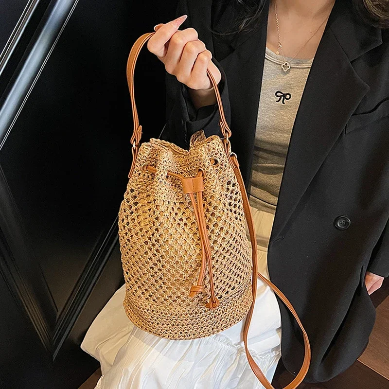 

Summer Top-handle Bags Drawstring Straw Bucket Bag Adjustable Strap Casual Portable Vacation Shoulder Crossbody Bag