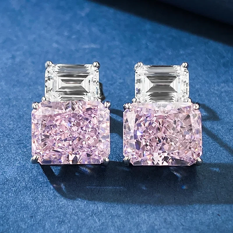 

SpringLady 100% 925 Sterling Silver Crushed Ice Cut 8*10MM Lab Sapphire Citrine Gemstone Ear Stud Earrings Fine Jewelry