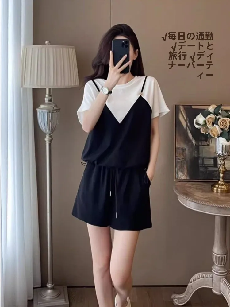 

Ice Silk ort Sve T-irt Women's Loose Slimming Summer Faion Splice Casual Sle Classic Pattern round Ne Regular Le...