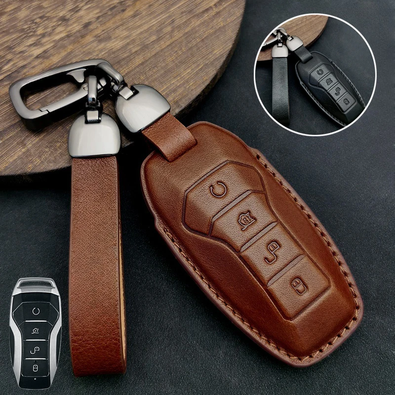 Genuine Leather Car Remote Smart Key Fob Case Cover Holder Bag With Keychain For BYD Han Ev Tang Dm Qin PLUS Song Pro MAX Yuan