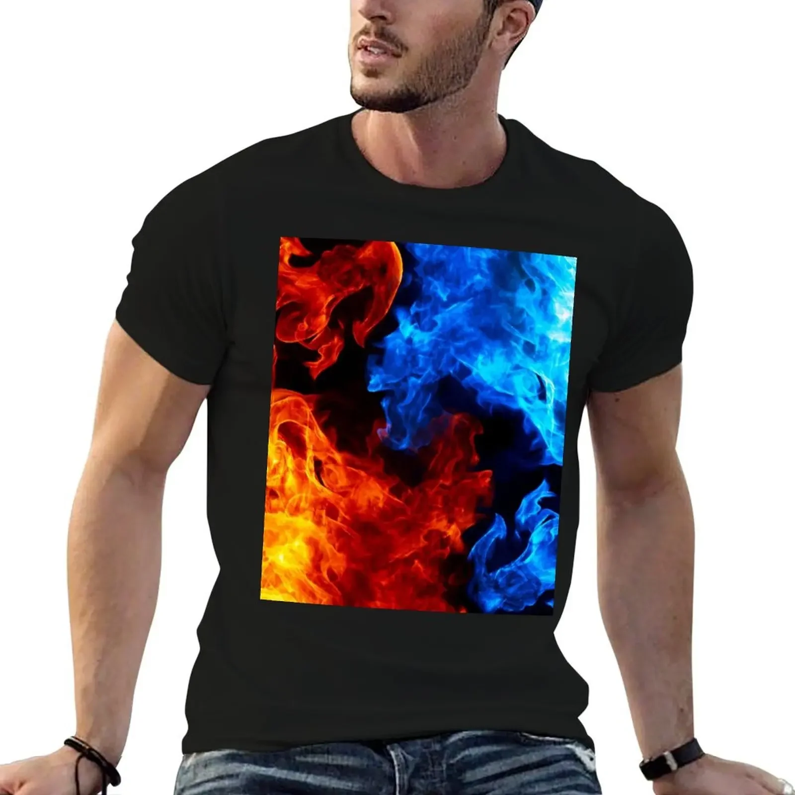 

Red and blue fire pattern T-Shirt boys animal print funny gifts Louboutins T-shirts for men cotton