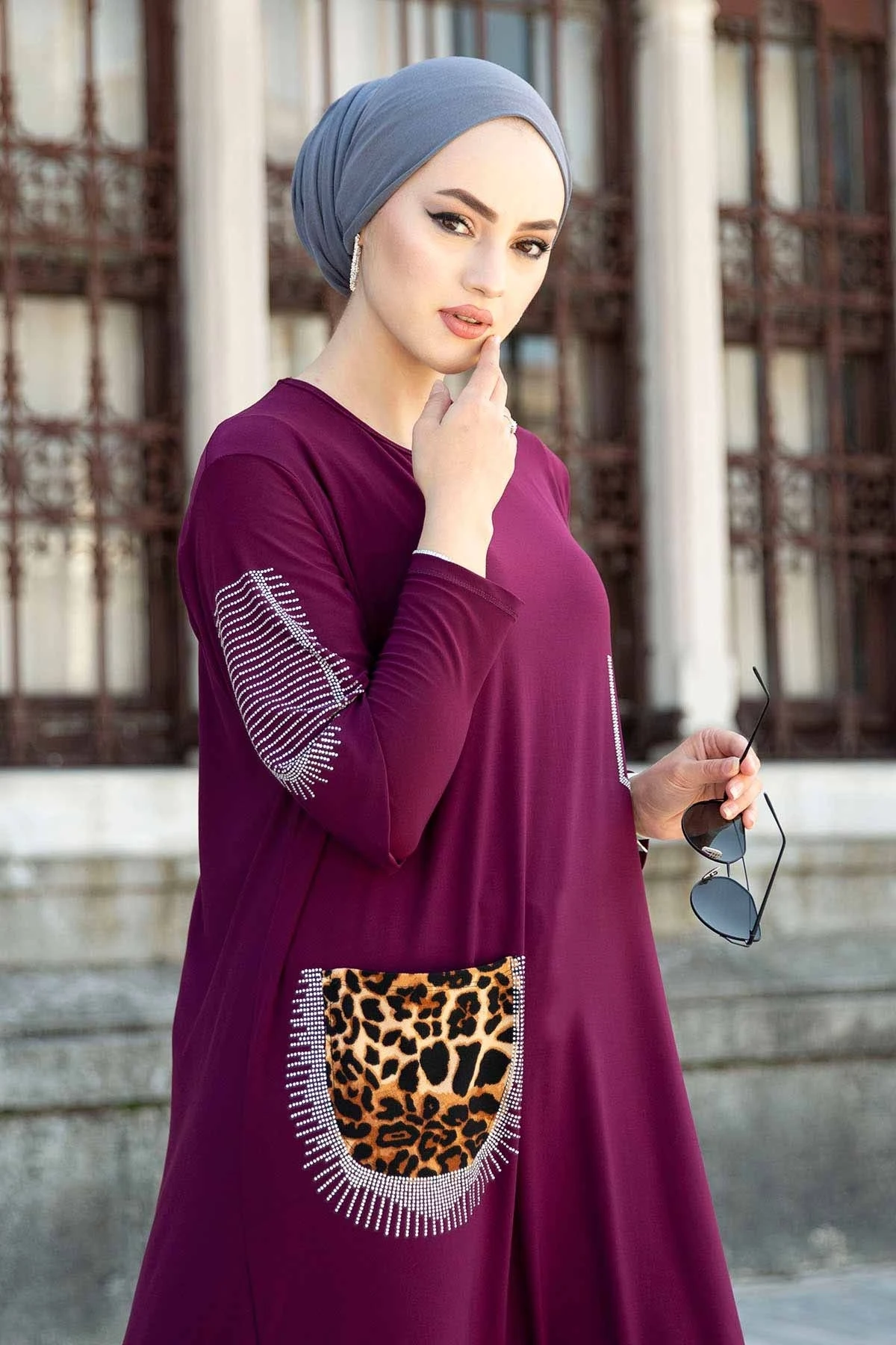 Leopard Pockets Stone Embroidered Ferace Dress EML- Mürdüm Winter Autumn 2021 Muslim Women Hijab headscarf Islamic Turkey