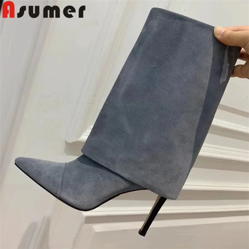 

ASUMER 2023 Size 34-43 New Hot Sale Flock Ankle Boots Ladies Spring Autumn Shoes Slip On Thin High Heels Women Boots