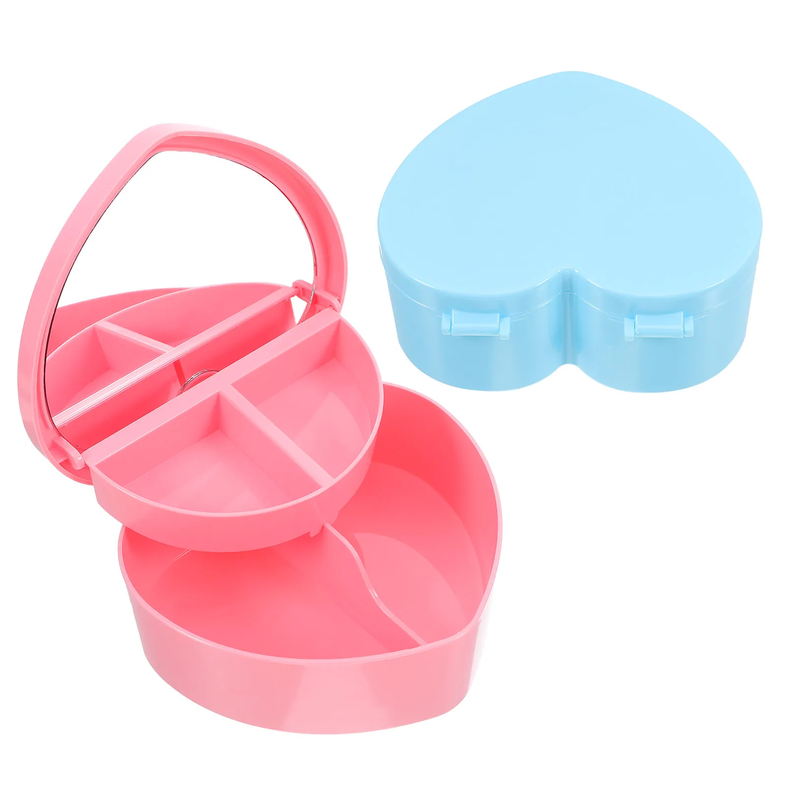 

2Pcs Heart Shape Jewelry Box for Girls Double Layer Plastic Travel Jewelry Organizer with Built-in Mirror Kawaii Style Necklace