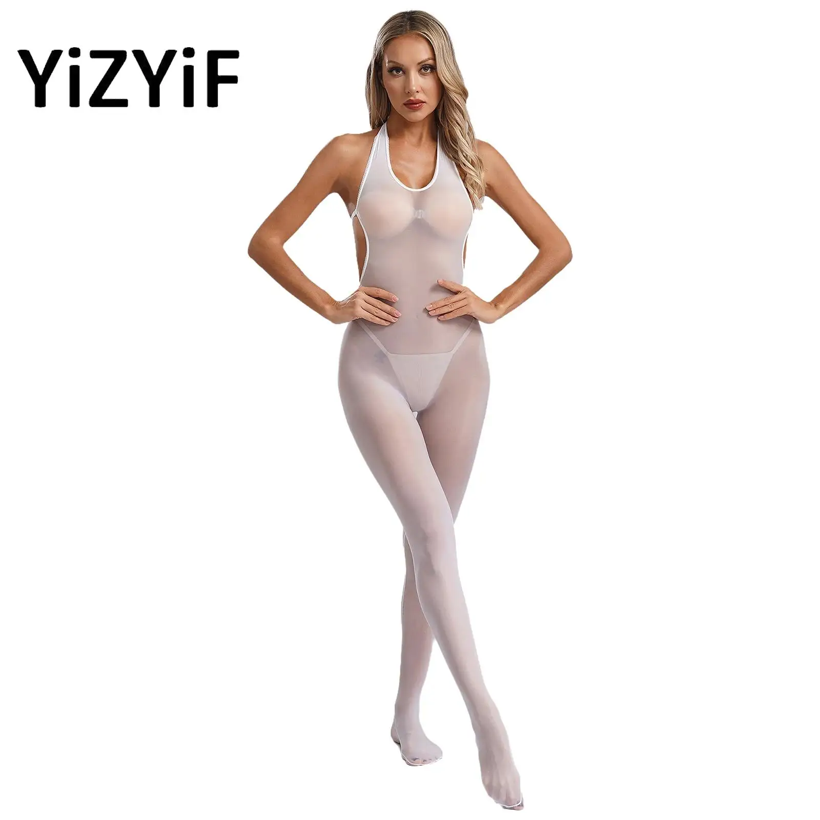 

Womens Glossy Backless Bodysuit Lingerie Halter V Neck Footed Stocking Tempting Jumpsuit See Through Nightwear Clubwear
