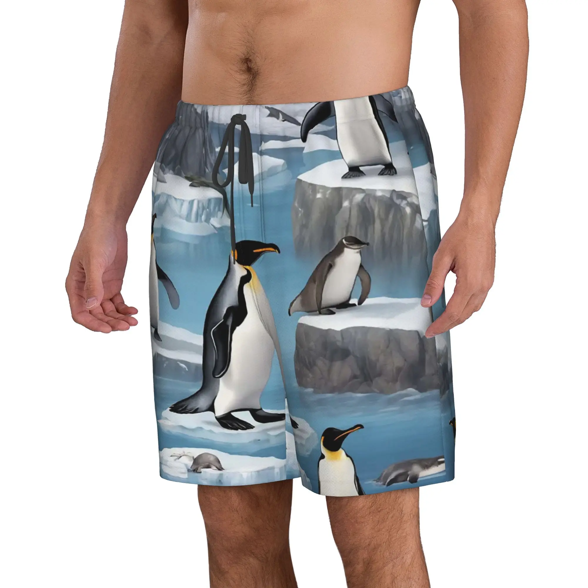 Polar Penguin Ice Surface Penguin Pattern Trunks Beach Board Shorts Casual Quick Dry Swim Summer Men Pants