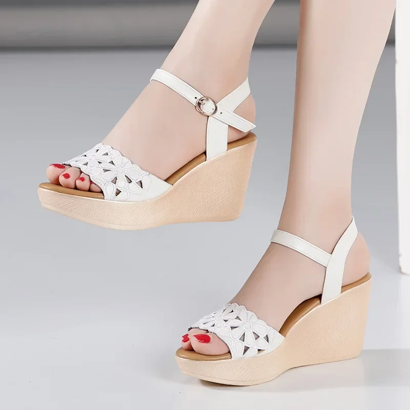 8cm Small Size 32-43 Summer Comfortable Platform Wedges Sandals 2024 Floral Cutout High Heels Shoes for Office Mom Beach