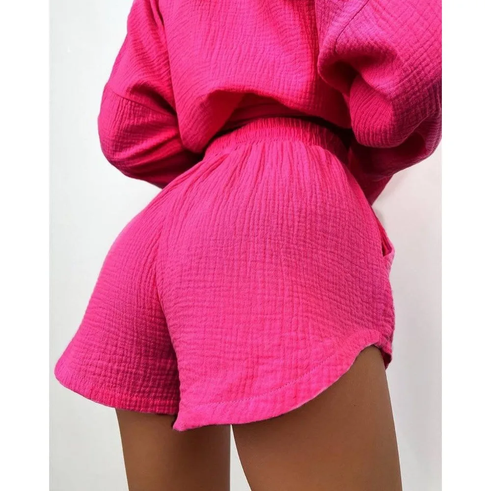 Casual Women's Pajamas Long Sleeve Commuter Shirt Shorts Home Suit Sleepwear Blouse Pajamas Sets Korean Style Solid Lingerie