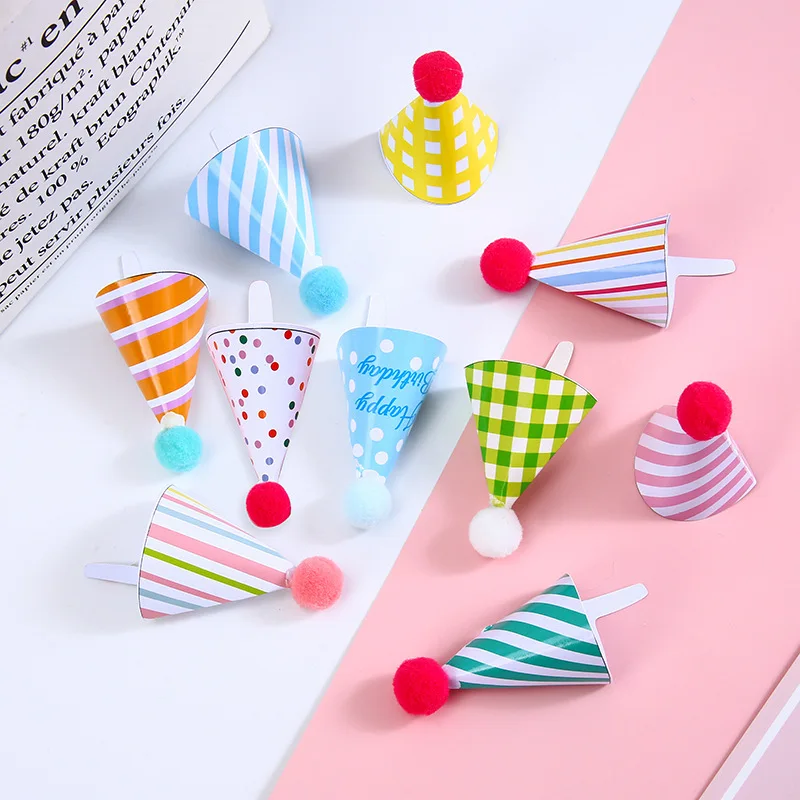 Mini czapki na ciasto Happy Birthday Cake Toppers Felt Ball Conical Cap Cupcake Topper Birthday Party Baby Shower Dessert Decoration