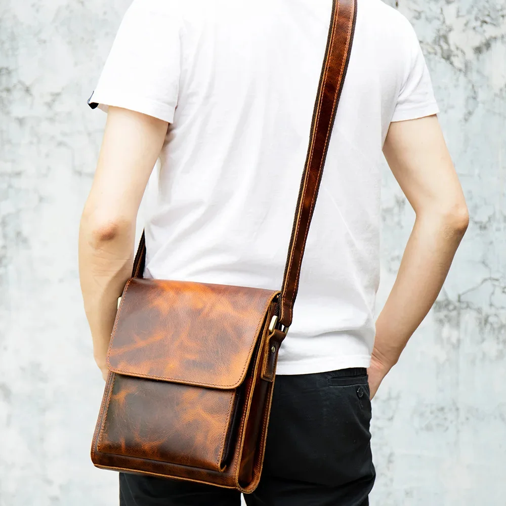 

Newsbirds Crazy horse leather messenger bag vintage brown cowhide shoulder for school boys satchel crossbody s