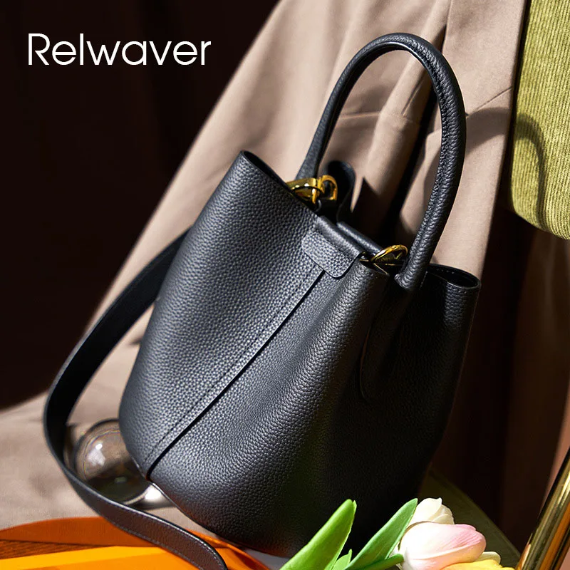 

Relwaver women bucket bag top layer cow leather women shoulder bag 2023 autumn winter round button mini fashion cross body bag