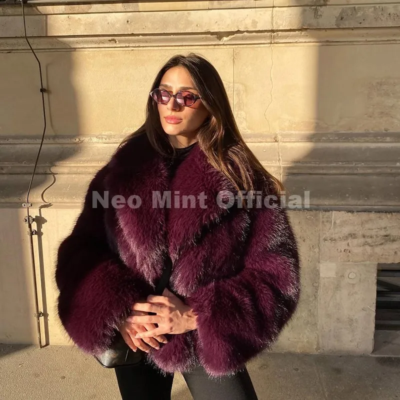 Neo Mint Winter 2025 Trendy Brown Obsession Cropped Shawl Collar Faux Fur Coat Women Jacket Chic Girls Brand Fox Fur Outerwear