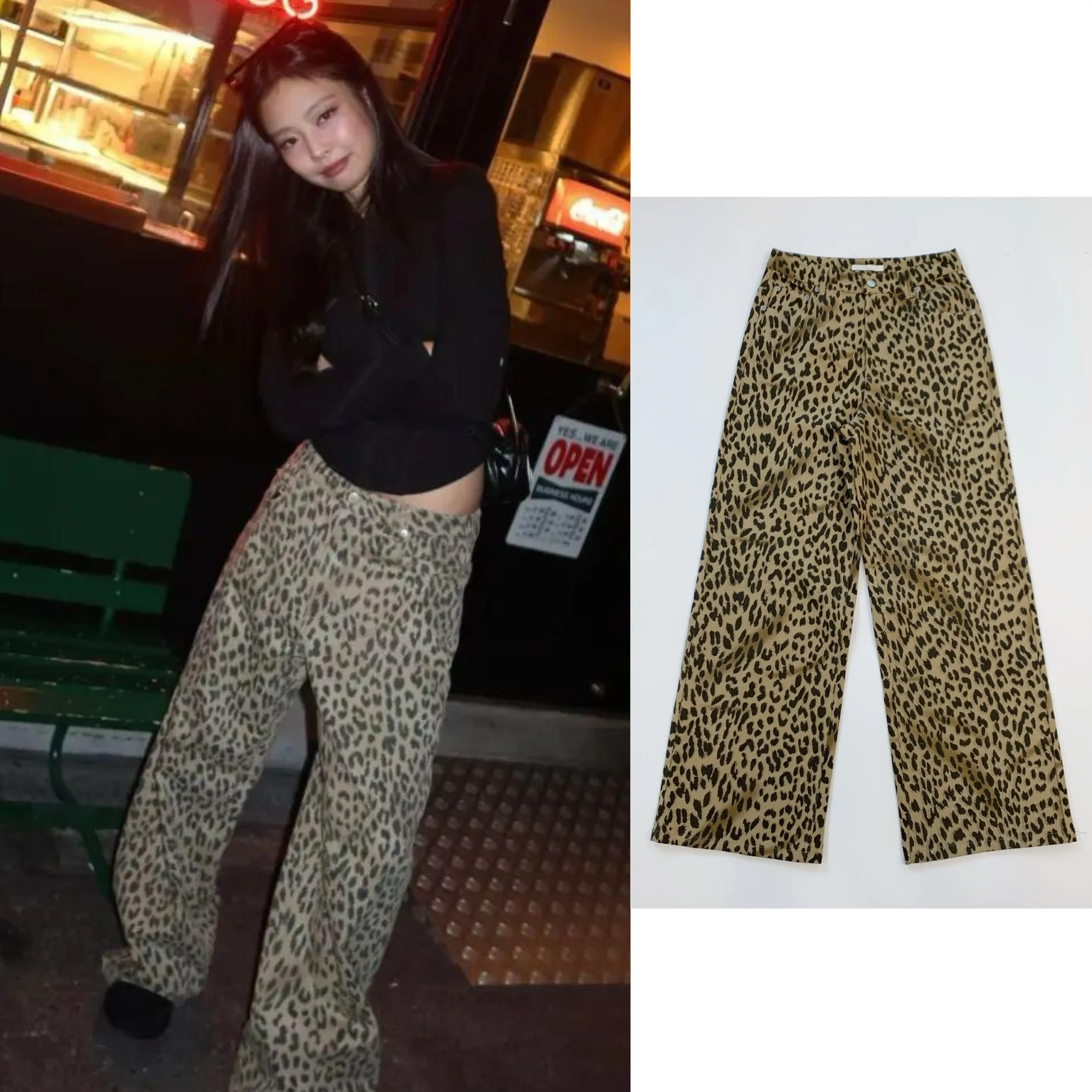

Casual Straight Leg Pants Women's Loose Drapey Wide Leg Pants Leopard Print Korean Sle l Waist Zipper Closure
