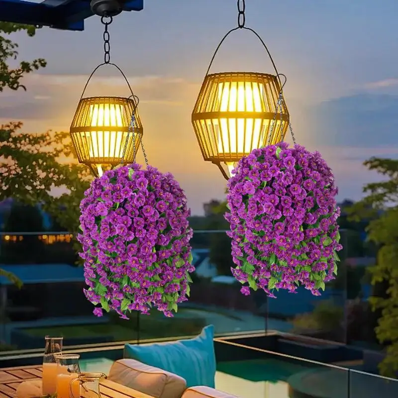 Artificial Flower Basket Fake Morning Glory Baskets For Outdoors 37 Inch Suspended Artificial Flowers Basket Fake Plants For