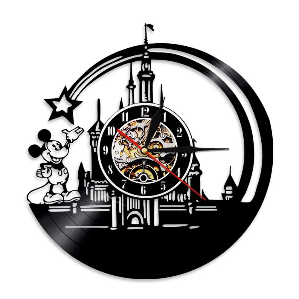 30cm Disney 100th Aniversary Wall Clock Mickey Mouse Minnie Black Vinyl Record Wall Clocks Creative Cartoon Anime Home Decor