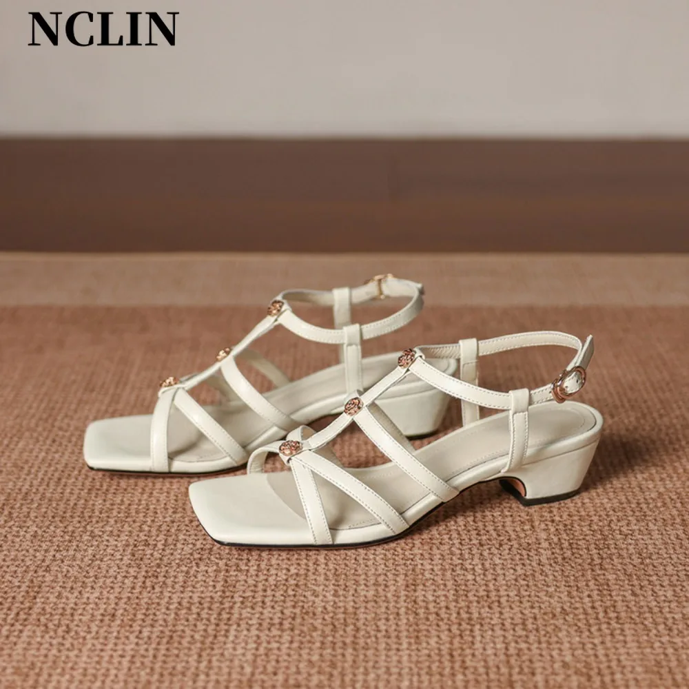 

2026 New French Style White Strappy Block Heel Sandals Women Ankle Strap Buckle Summer Pumps (White)