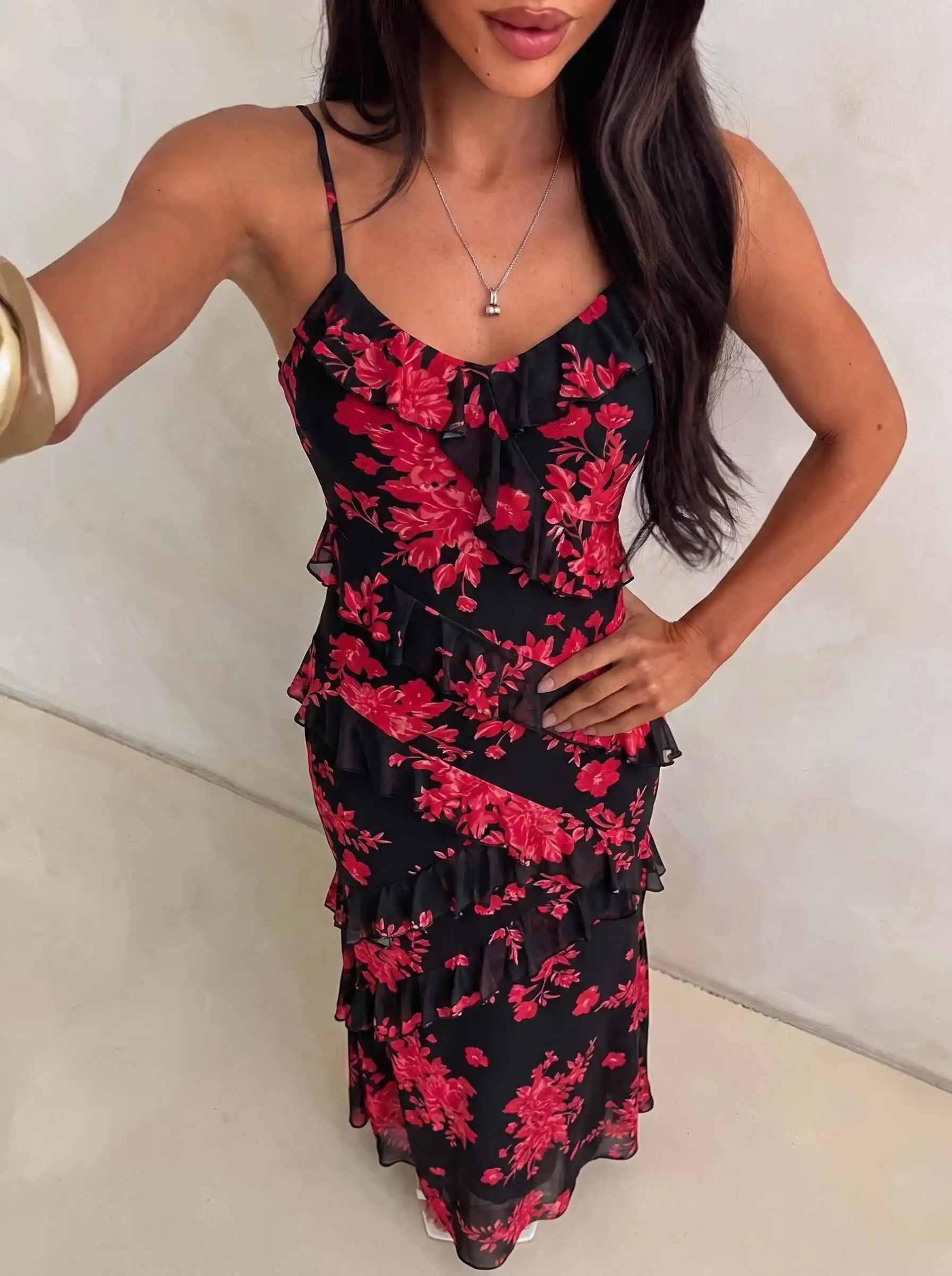 Damen Aquarell-Rosen-Print Cami-Kleid mit Rüschen, Chiffon-Midikleid, Spaghettiträger, fließendes Kleid für Urlaub, Strandparty, Ferien – Detail 6