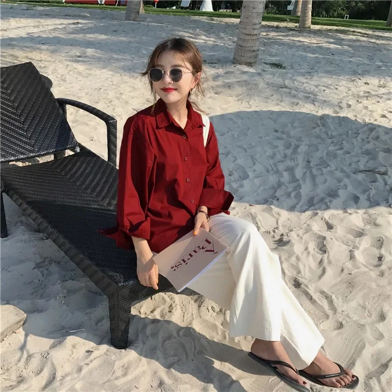 Burgunder Hemden Frauen Vintage Einreiher Langarm Baggy Preppy Style Mode einfache Strand urlaub koreanische Retro Overs ize