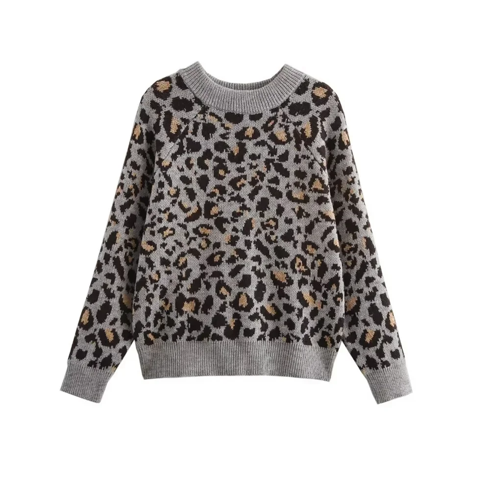 2025 Autumn Leopard Knitting Sweaters for Women Casual Long Sleeve Cropped Sweater Long Sleeve Knitwear Pullover Top