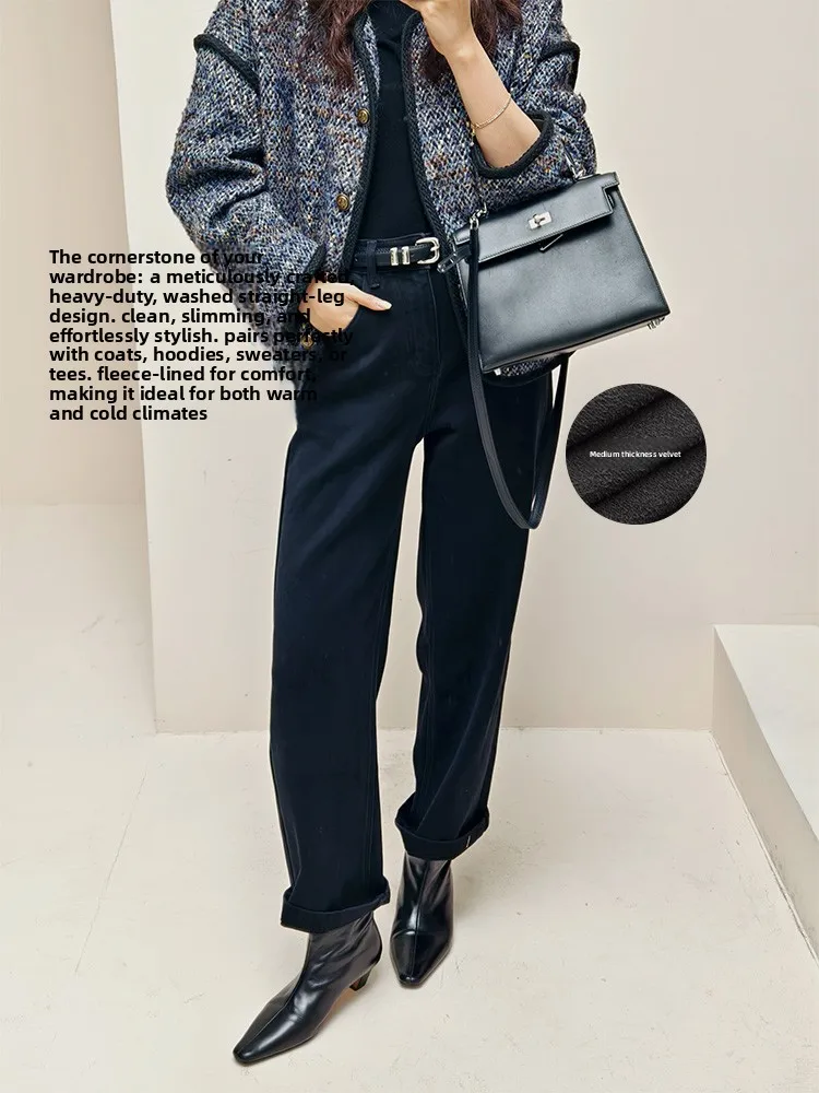 

MeiYang Fce подкладка утягивающие джинсы 9-длины с высокой талией прямые брюки зимние теплые повседневные джинсовые брюки на молнии Fly