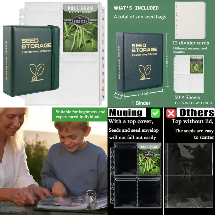 

Seed Storage Organizer Binder, Holds 200 Seed Packets with Flip-Top Lid Sleeves, Pages + 12 Monthly Cards + 4-Season Color-Code
