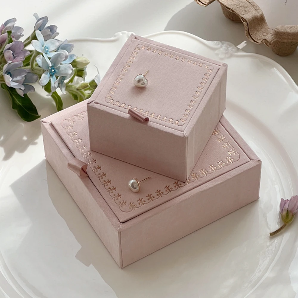 10pcs Pink Jewelry Packaging Box Vintage Flocked Wooden Velvet Paper Boxes For Ring Earrings Pearl Necklace Stud Luxury Storage