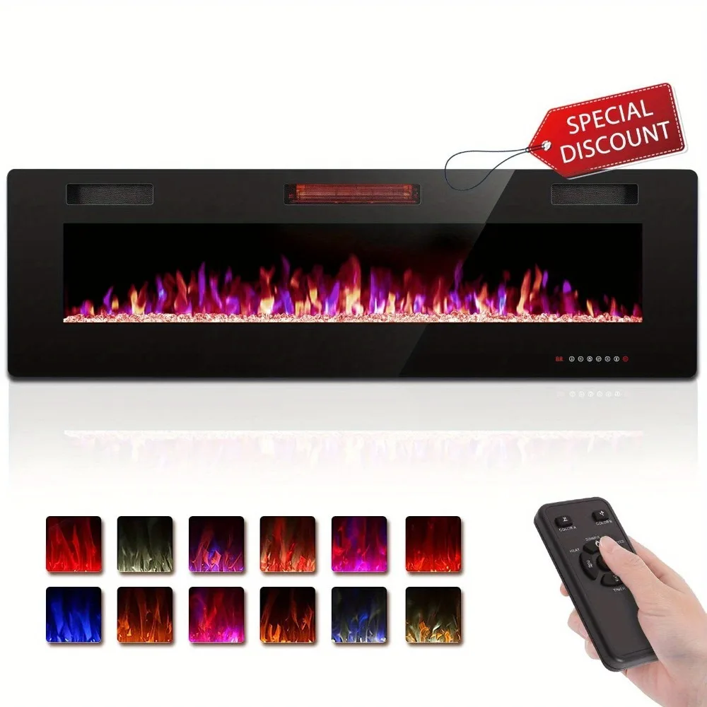 Sleek Ultra-Thin Electric Fireplace - Wall Mount or Recessed, Remote Control with Timer & Adjustable Flame Colors, 750W/1500W