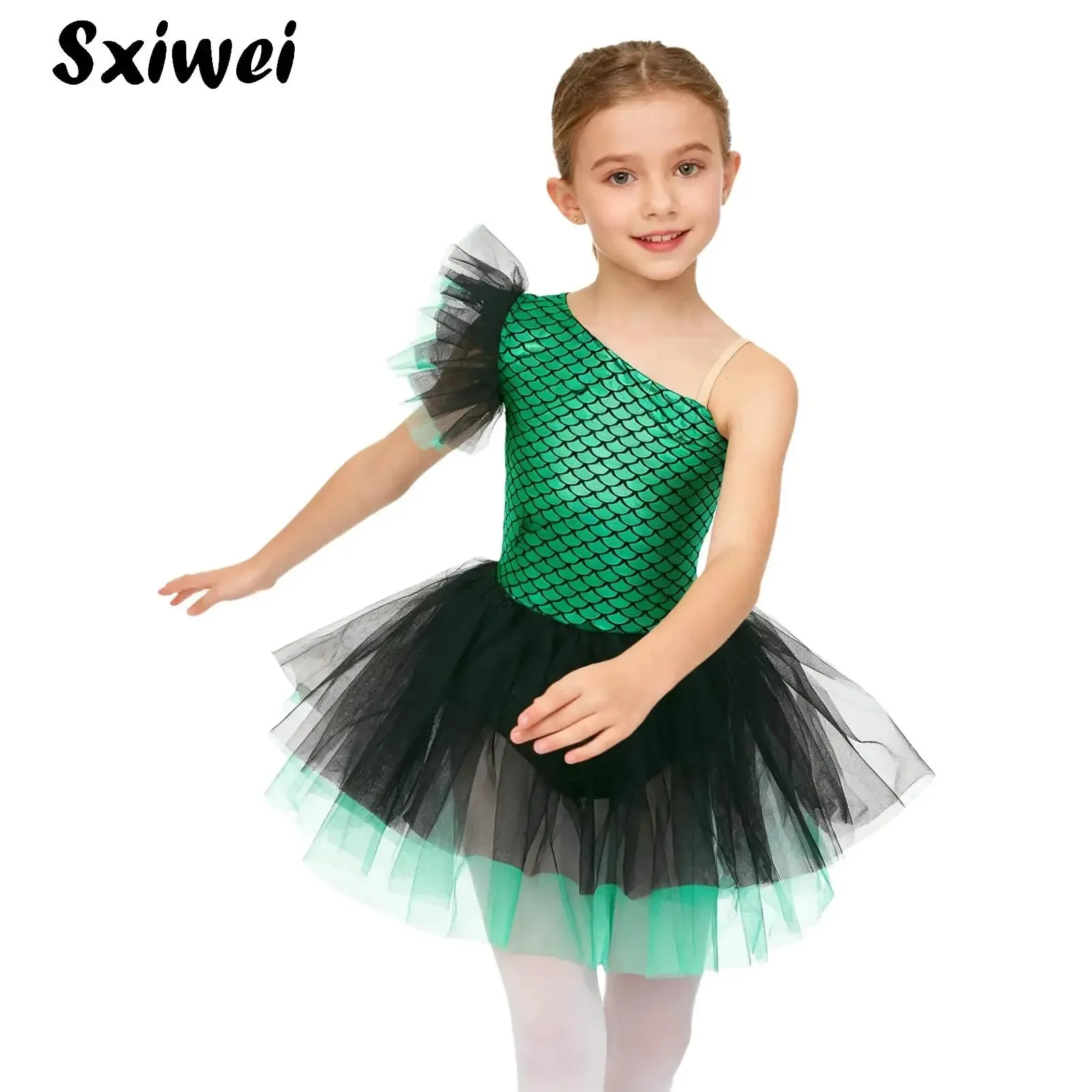 

Kids Girls Ballet Leotards Mermaid Fish Scales Tutu Dress Metallic Shiny Gymnastics Bodysuit Halloween Mermaid Cosplay Costume