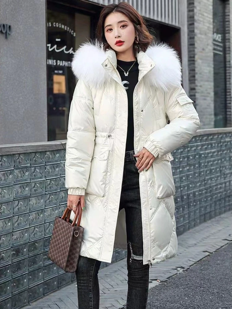 Parkas gruesas con capucha y bolsillos para mujer, abrigos largos elegantes de plumón, ropa de estilo coreano, chaqueta nueva para mamá, invierno,